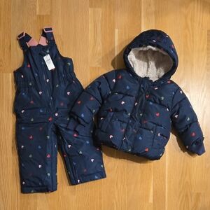NWT 18-24 Month Puffer Winter Jacket And Snow Bibs Baby Navy Multi Hearts